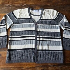 Alfred Dunner Striped Knit Cardigan Sweater Womens Size M Neutral Tones attached